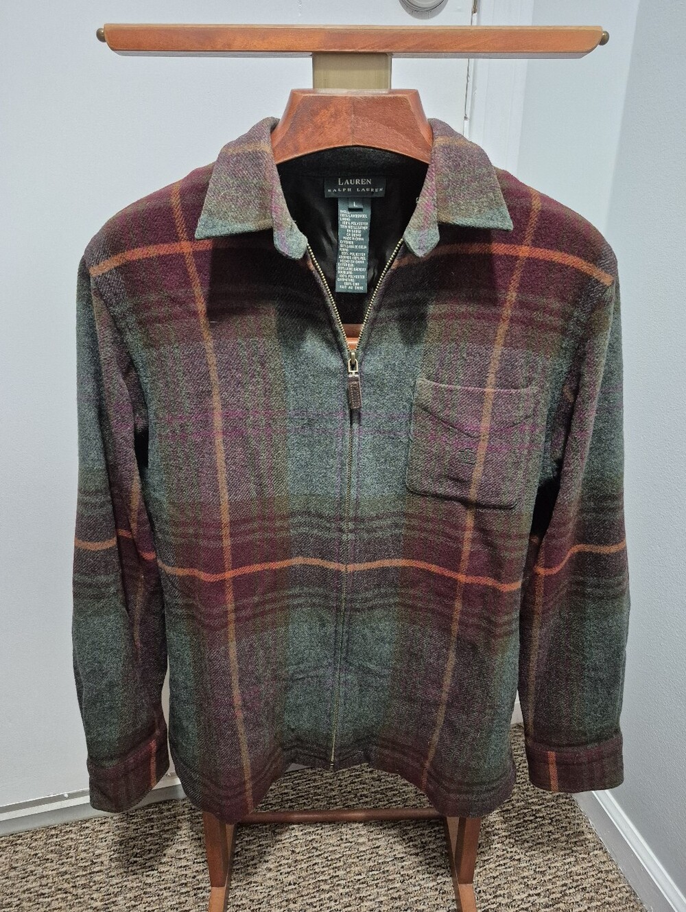 Vintage Ralph Lauren Tartan Plaid Lambswool Full Zipper Light Jacket-Size LARGE